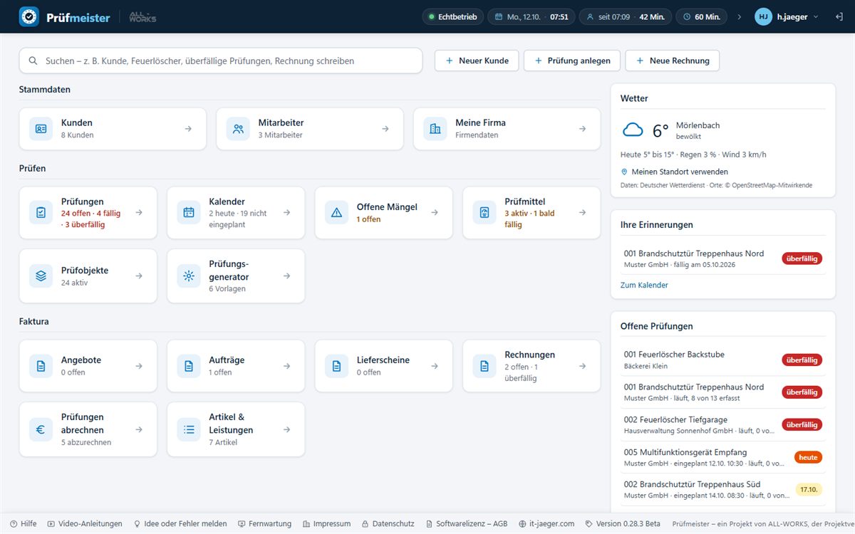 Hauptmenü der Prüfsoftware Prüfmeister mit Prüfungen, Kalender, Mängeln und Faktura