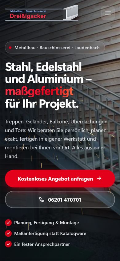 Die Website von Metallbau Dreißigacker auf dem Smartphone