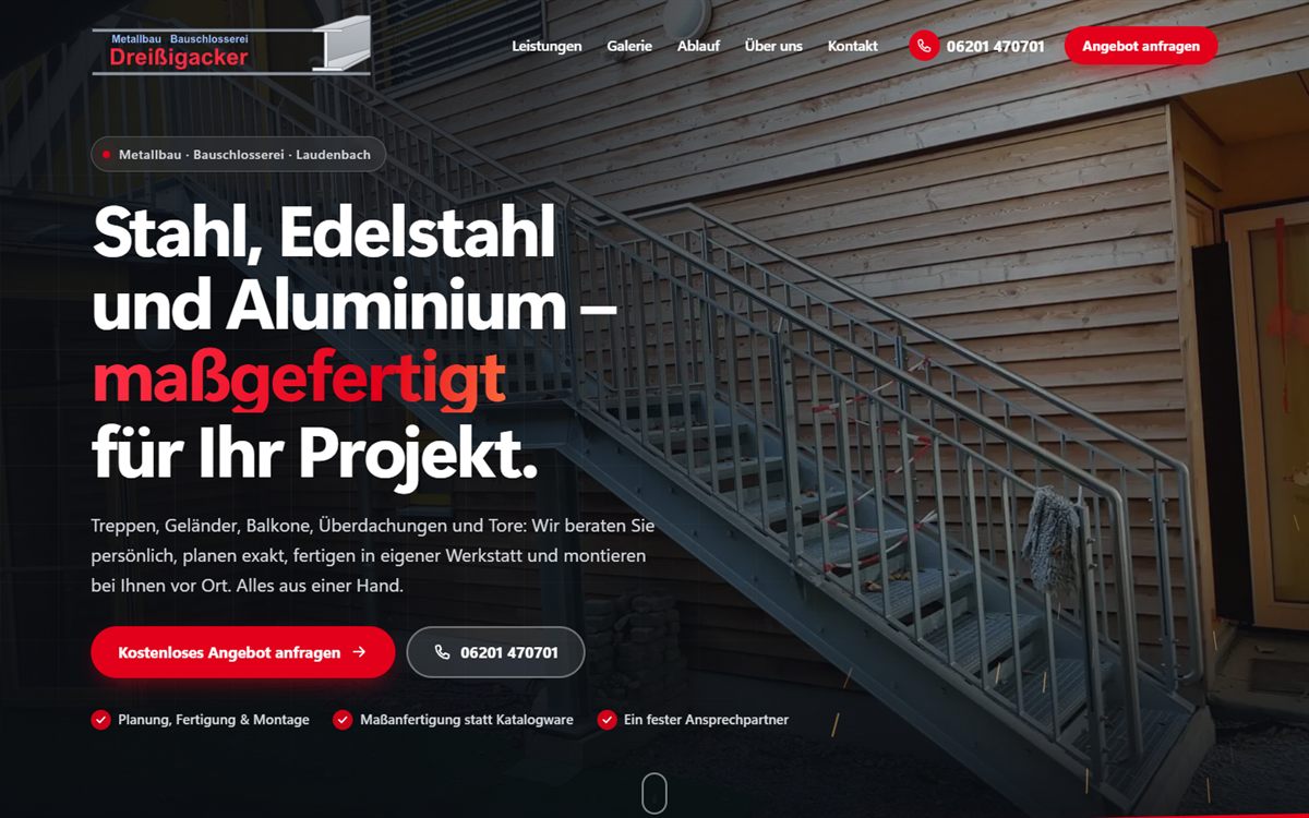 Startseite von metallbau-dreissigacker.de: Stahl, Edelstahl und Aluminium – maßgefertigt für Ihr Projekt