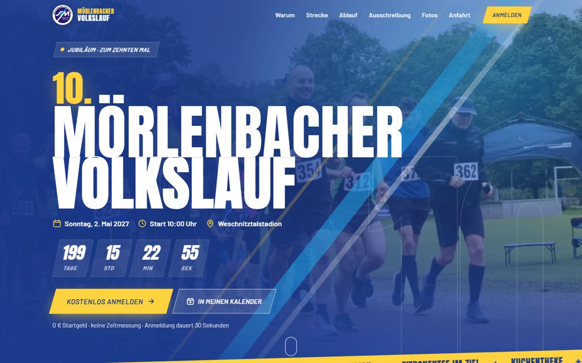 Startseite von moerlenbacher-volkslauf.de mit Countdown zum 10. Mörlenbacher Volkslauf