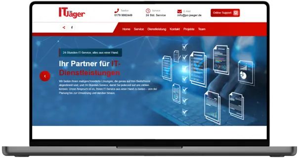 Ein Laptop, auf dem eine von uns erstellte Website angezeigt wird, IT-Jäger